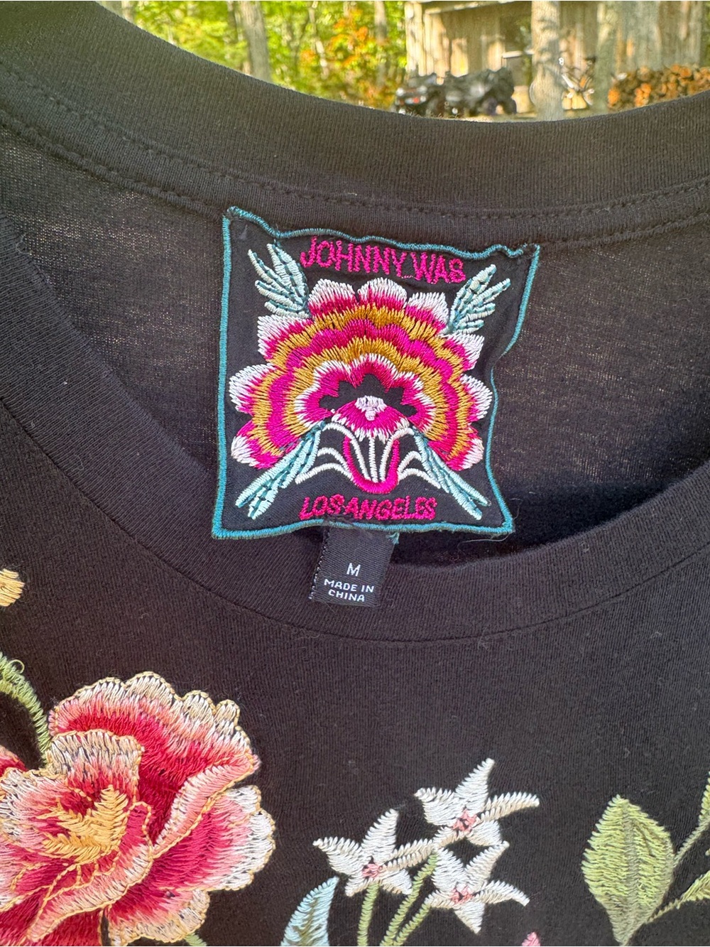 Johnny Was Black Floral Embroidered T-Shirt Dress with Butterfly - Picture 3 of 4